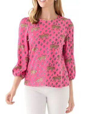 Women's Crown & Ivy Petite Puff Sleeve Pink Animal Printed Blouse Size Large